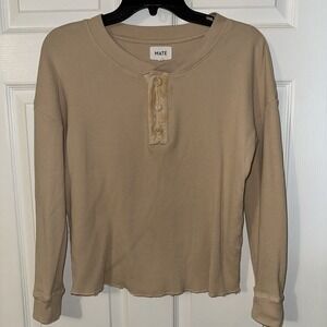 Mate The Label Woman Cropped Long Sleeve Waffle Knit Beige Thermal Top Sz XS